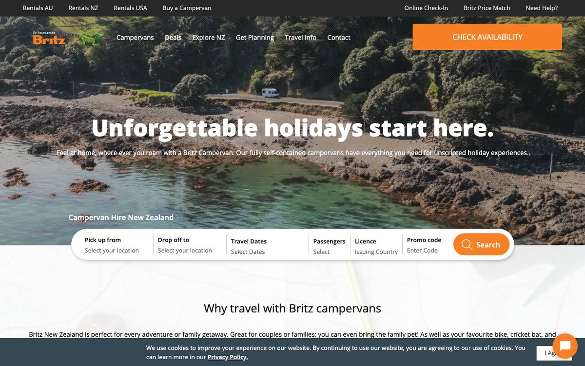 Britz website: campervan hire New Zealand