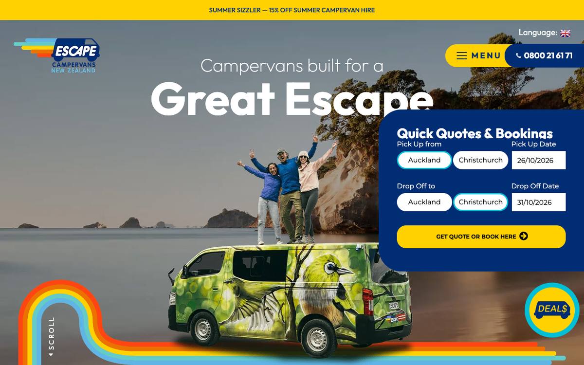 Escape Rentals website: campervans built for a great escape