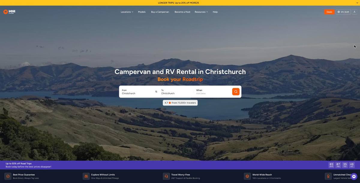 Indie Campers website: campervan and RV rental in Christchurch