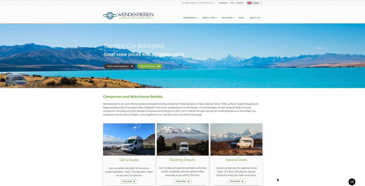 Wendekreisen website: campervan and motorhome rental New Zealand