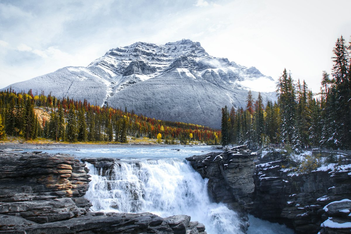 Athabasca Falls pouring through a rock channel with a snowy mountain behind