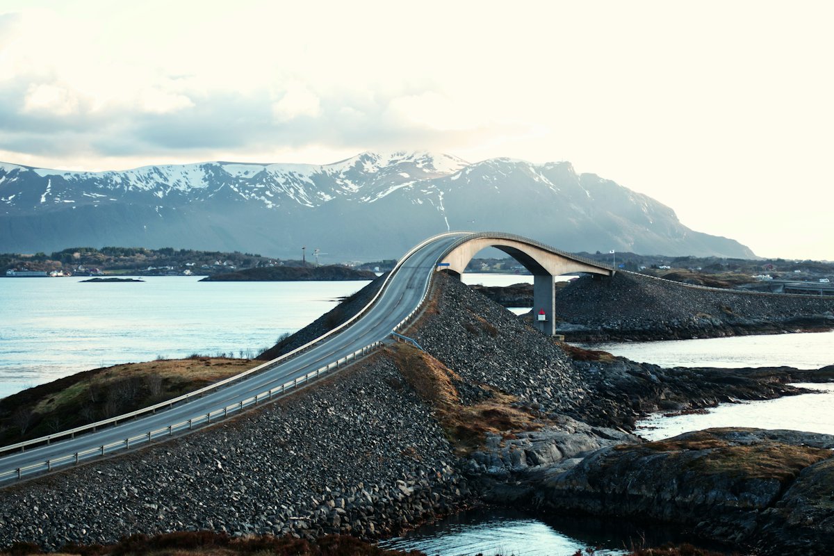 The curved Storseisundet bridge on the Atlantic Ocean Road crossing the sea