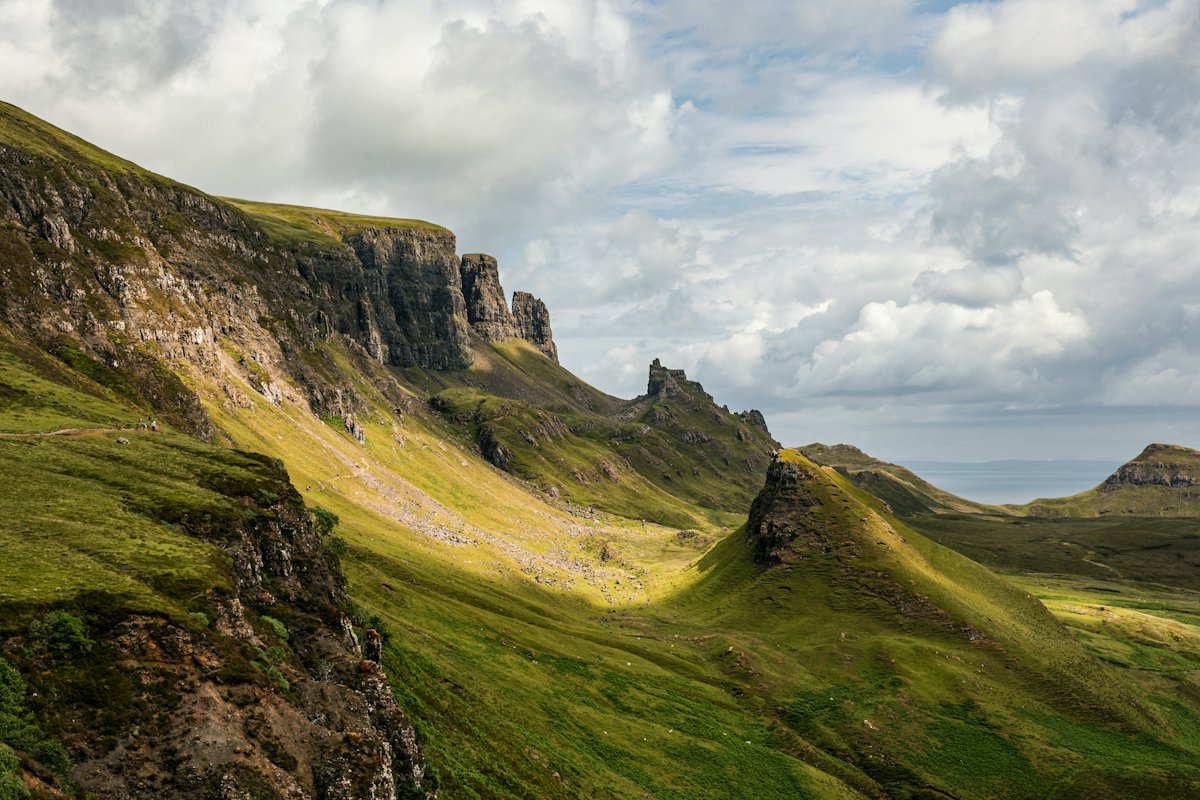 The green ridges and cliffs of the Quiraing on the Isle of Skye
