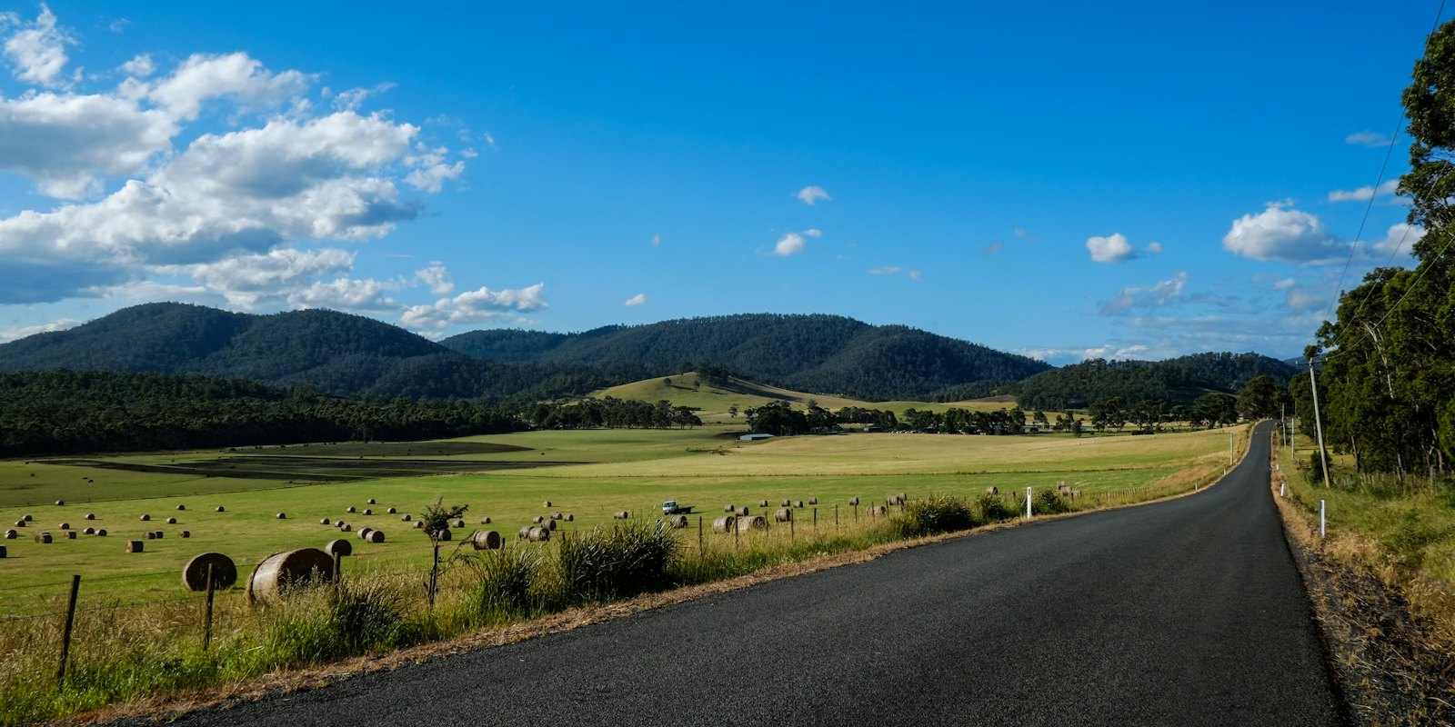 A country road running through green fields toward low hills in Tasmania